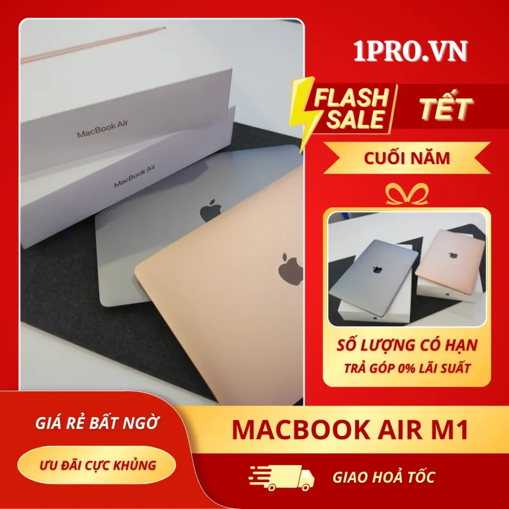 Macbook Air M1 đặt trên bàn làm việc gỗ với không gian hiện đại và sang trọng